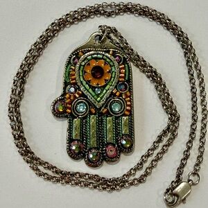 Colorful Handmade Hamsa Pendant Silver Tone Necklace Made in Israel